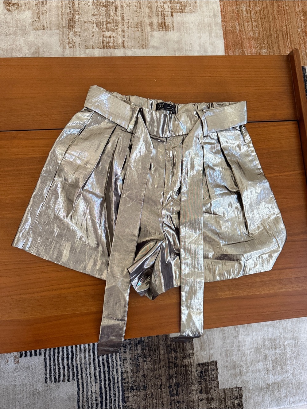 Zara High-Waist Metallic Silver Paperbag Shorts
